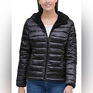 Andrew Marc Black Reversible Puffer Jacket‎ Faux Fur Lined Hooded Winter Coat S